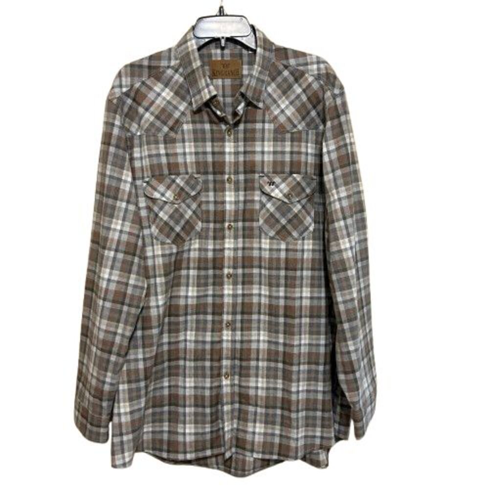 King Ranch Button Up Shirt Men 2XL Taupe Gray Brown Plaid Long Sleeve Western